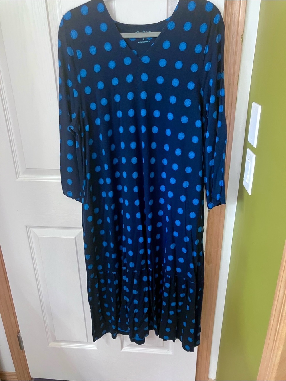 Blue Polka Dot V‑Neck Midi Dress by Gudrun Sjoden size L